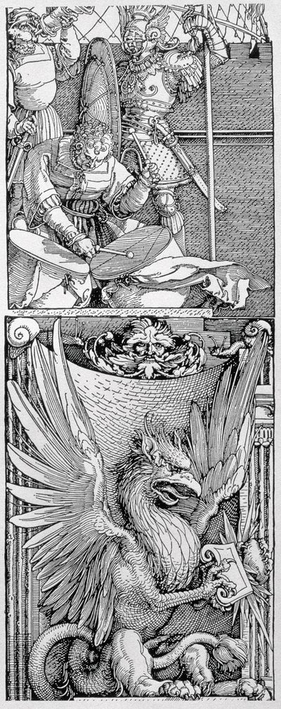The Triumphal Arch of Emperor Maximilian I: Detail of Pillar Embellishment Showing a Winged Griffin Below a Figure Striking Two Drums, a Knight in Armour and a Herald, Dated 1515, Published 151 by Albrecht Dürer